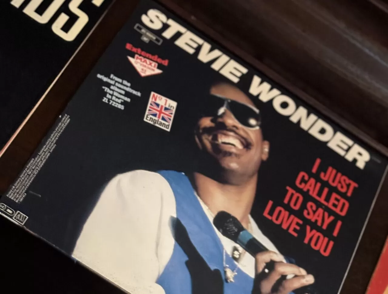 Oude platenhoes van Stevie Wonder als decoratie bij Zusjes de Boer
