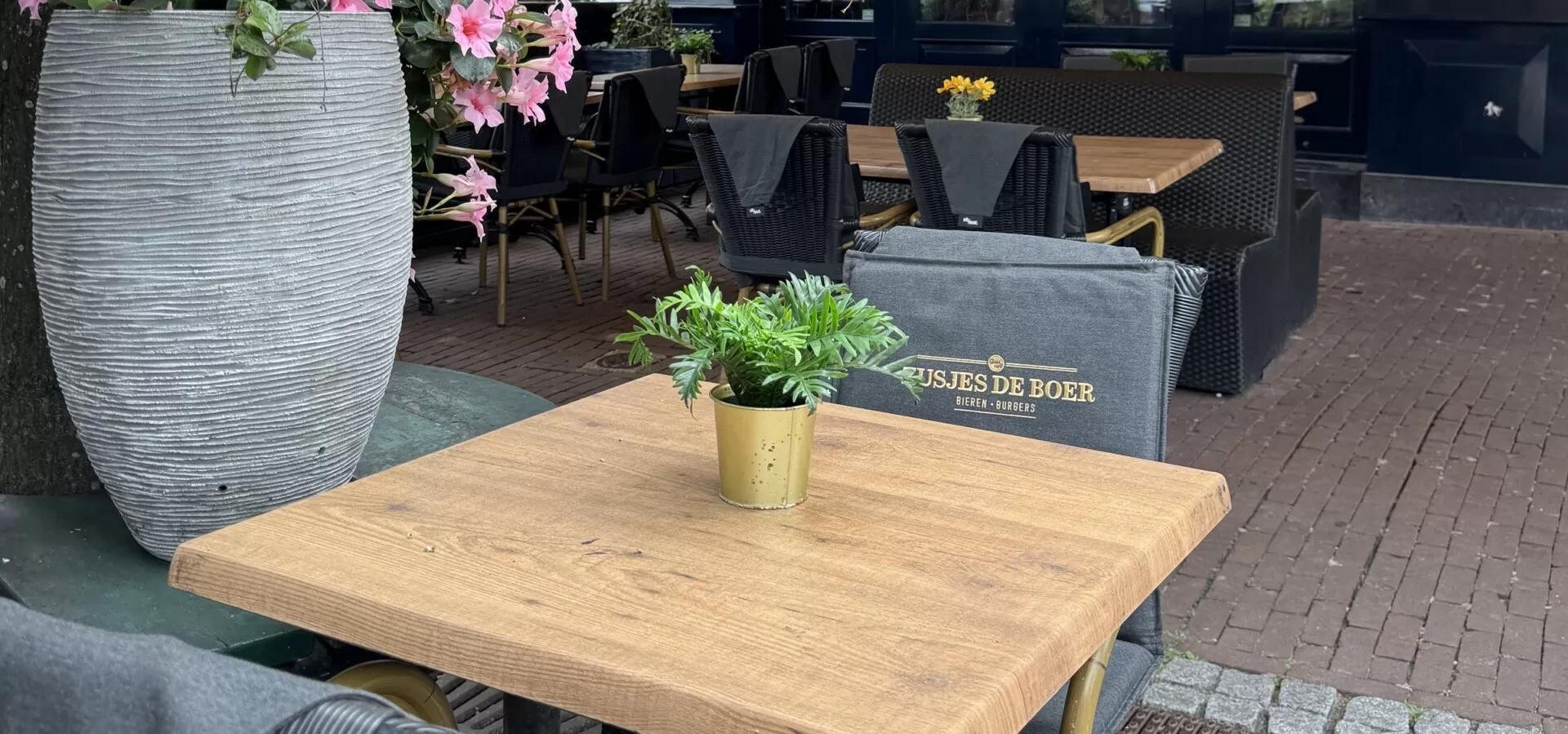 Terrastafel met plantje en de gevel van Zusjes de Boer op de achtergrond